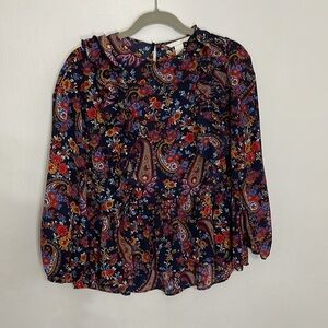H&M Paisley Floral Ruffle Peplum Blouse Long Sleeve Size 2